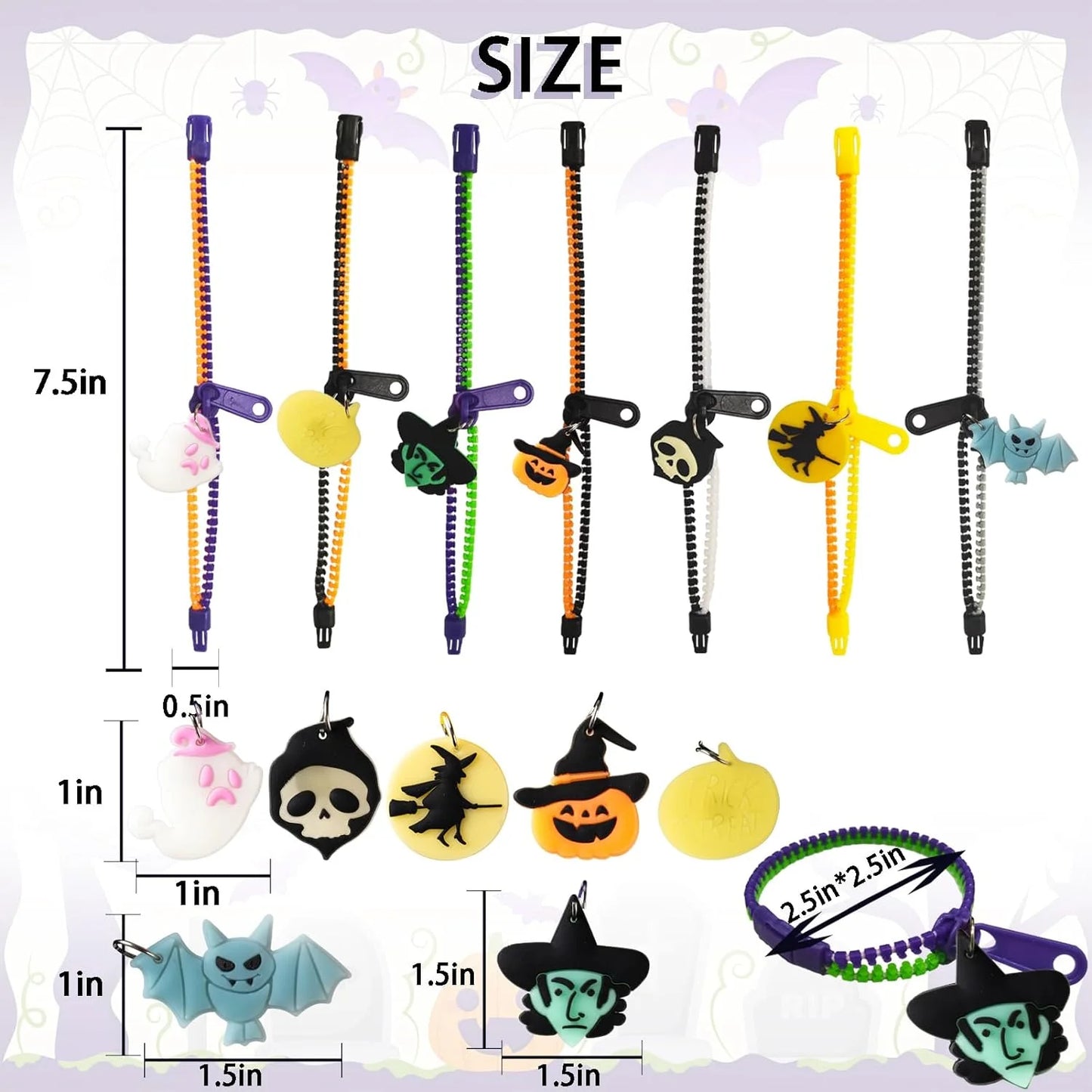 28-Pack Kids Halloween Glow-in-the-Dark Zipper Bracelets – Party Favors & Goodie Bag Fillers