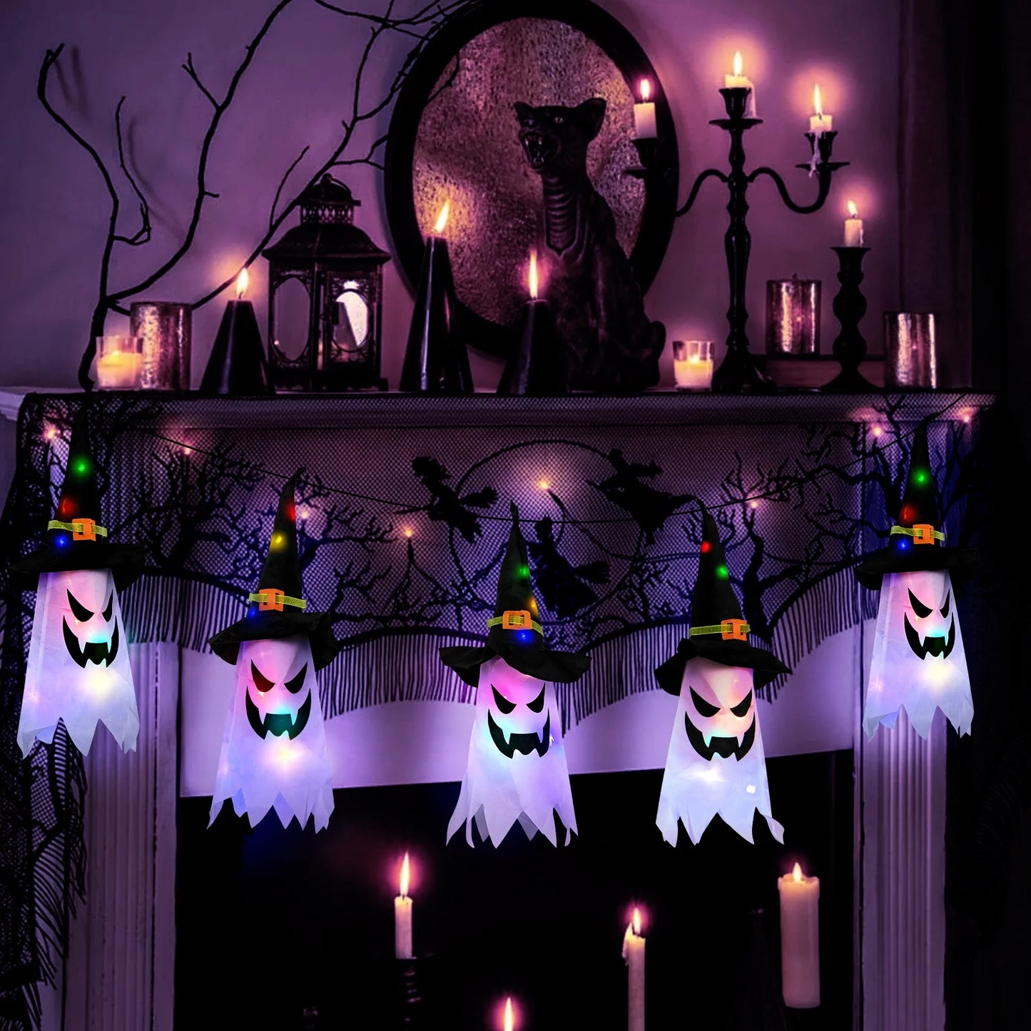 Halloween Outdoor Hanging String Lights – Glowing Ghost & Witch Hat Decorations for Home, Yard, Garden, and Trees (Set of 5)