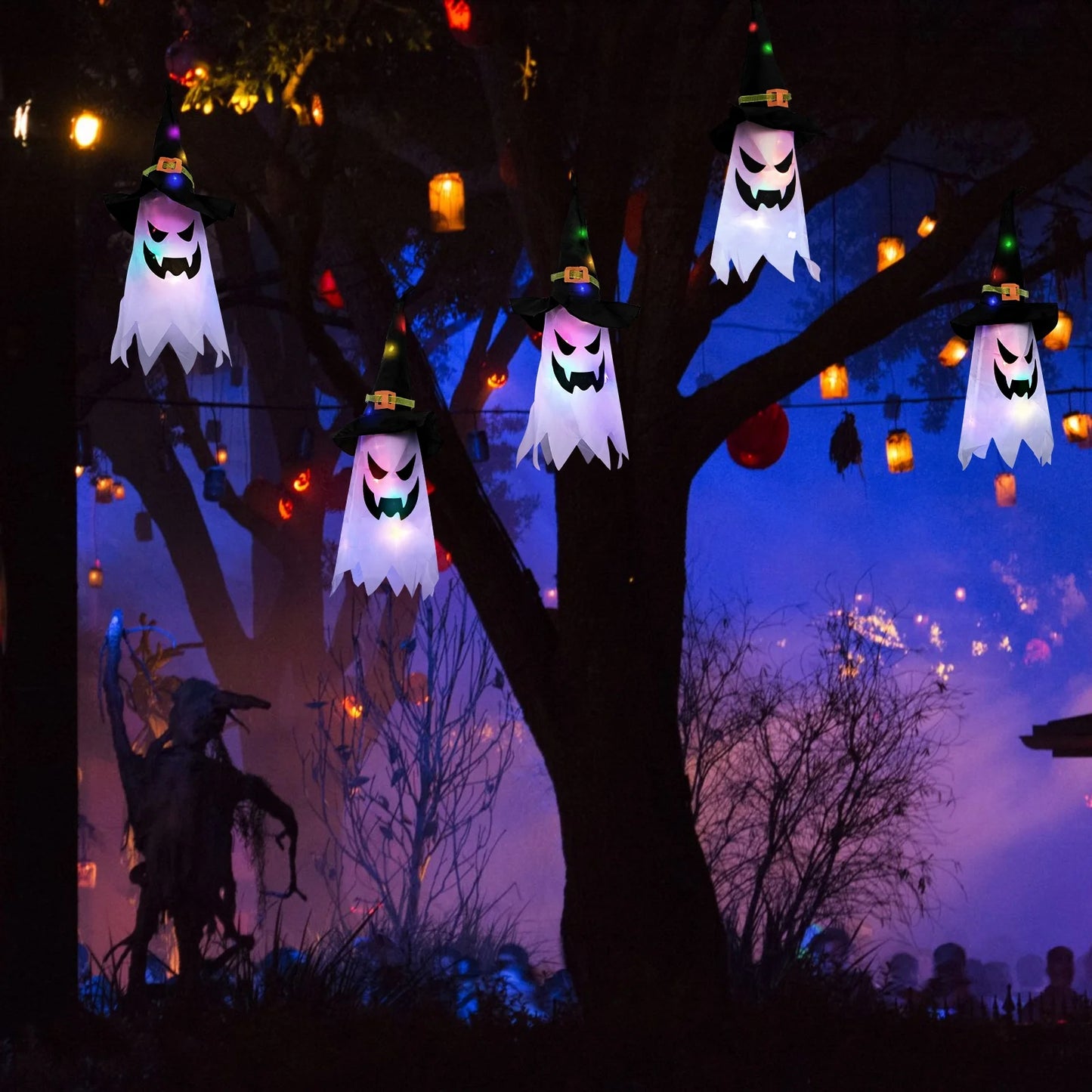 Halloween Outdoor Hanging String Lights – Glowing Ghost & Witch Hat Decorations for Home, Yard, Garden, and Trees (Set of 5)