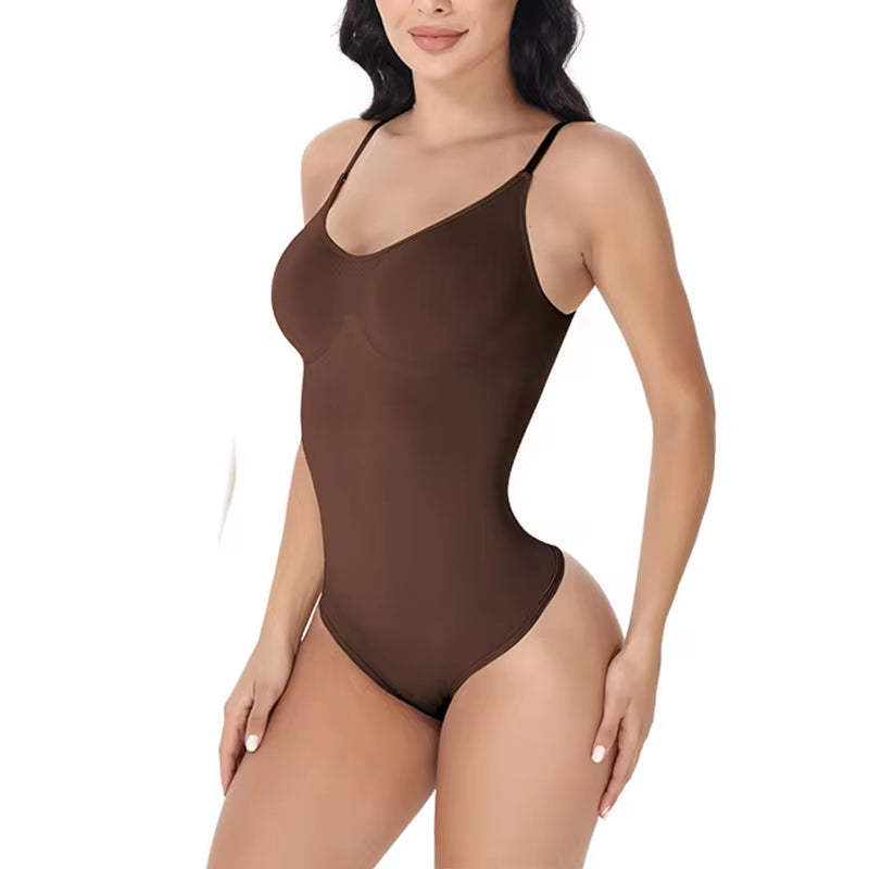 V-Neck Spaghetti Strap Compression Bodysuit – Slimming Shapewear