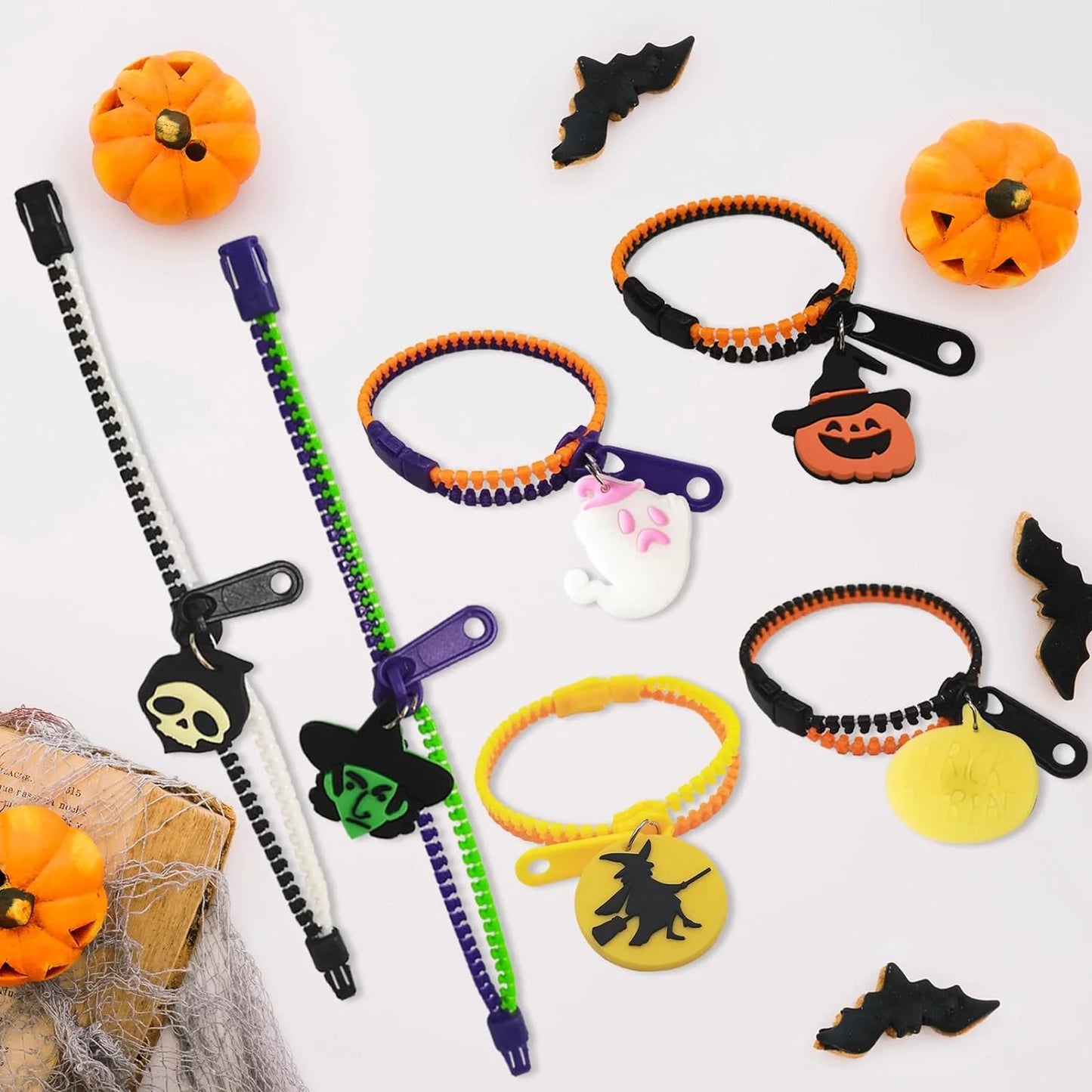 28-Pack Kids Halloween Glow-in-the-Dark Zipper Bracelets – Party Favors & Goodie Bag Fillers