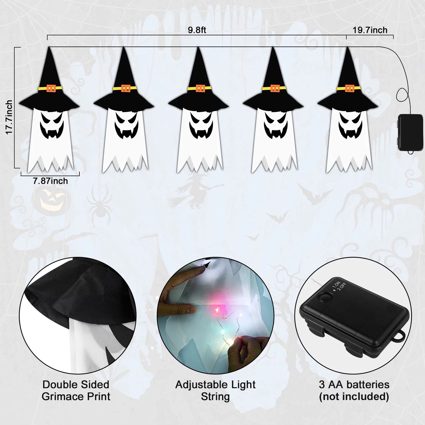 Halloween Outdoor Hanging String Lights – Glowing Ghost & Witch Hat Decorations for Home, Yard, Garden, and Trees (Set of 5)