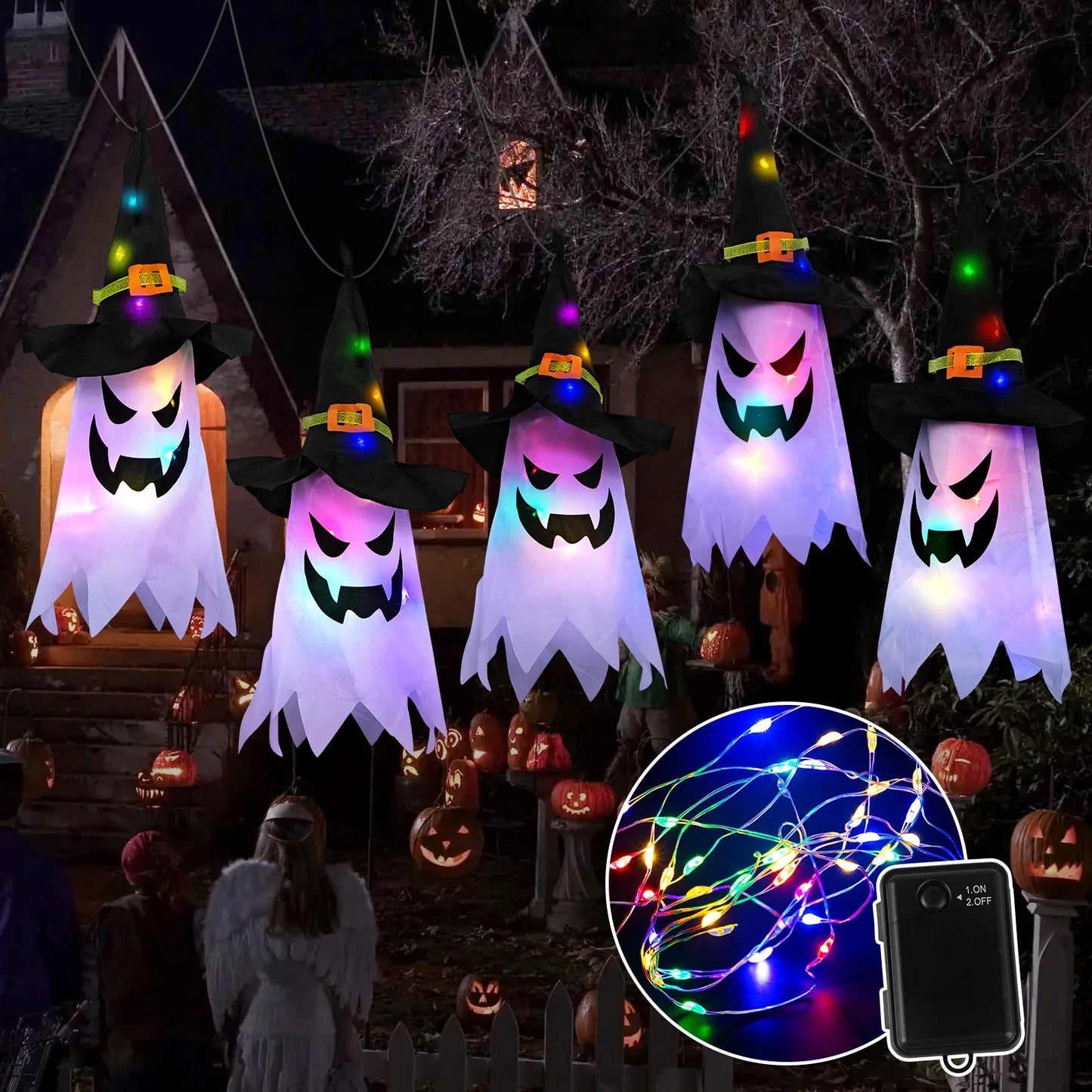 Halloween Outdoor Hanging String Lights – Glowing Ghost & Witch Hat Decorations for Home, Yard, Garden, and Trees (Set of 5)