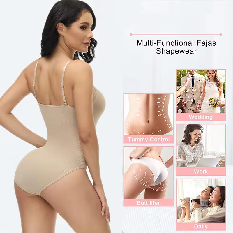 V-Neck Spaghetti Strap Compression Bodysuit – Slimming Shapewear