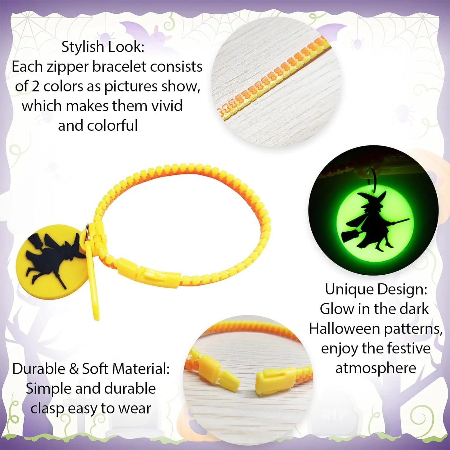 28-Pack Kids Halloween Glow-in-the-Dark Zipper Bracelets – Party Favors & Goodie Bag Fillers