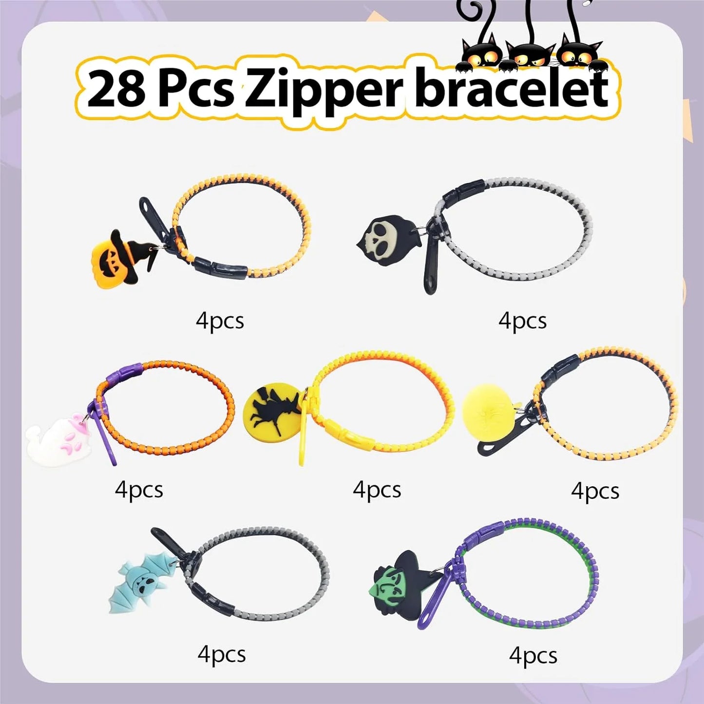 28-Pack Kids Halloween Glow-in-the-Dark Zipper Bracelets – Party Favors & Goodie Bag Fillers