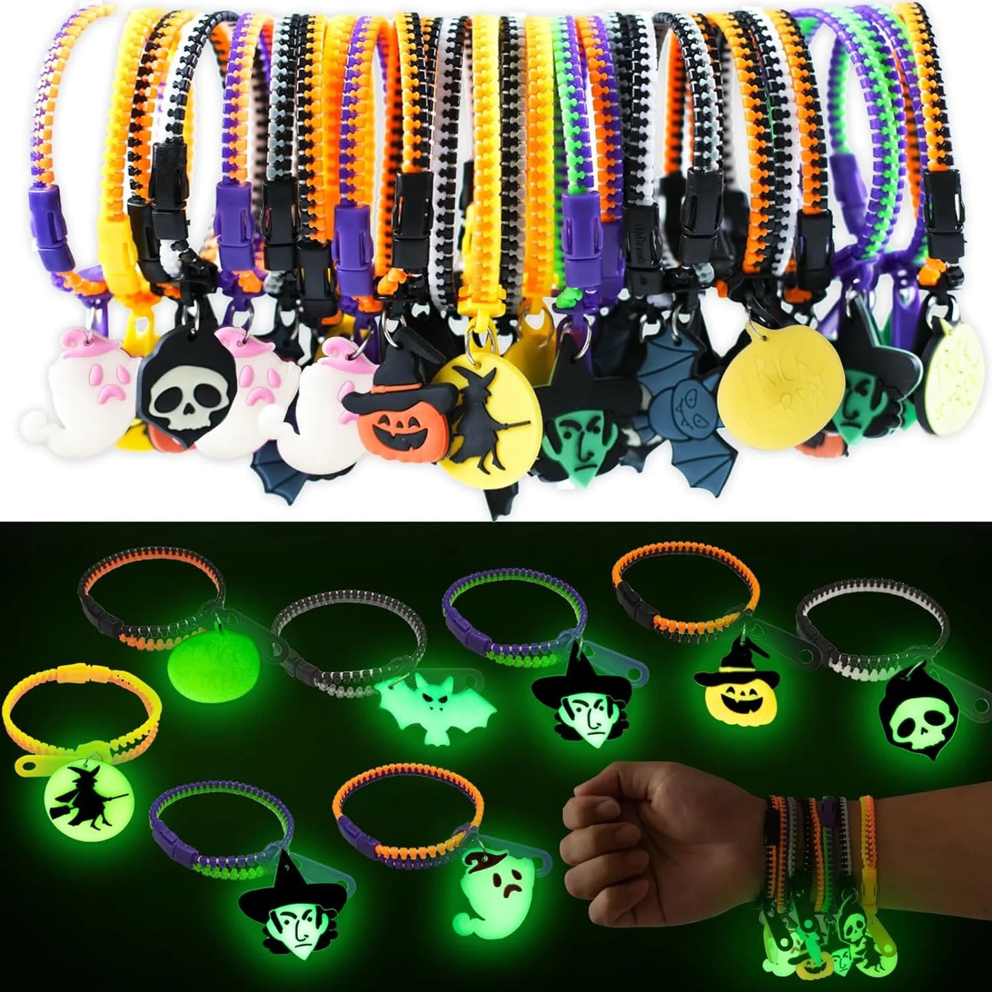 28-Pack Kids Halloween Glow-in-the-Dark Zipper Bracelets – Party Favors & Goodie Bag Fillers