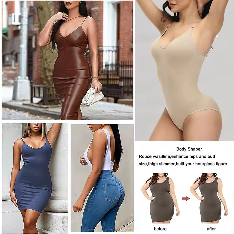 V-Neck Spaghetti Strap Compression Bodysuit – Slimming Shapewear