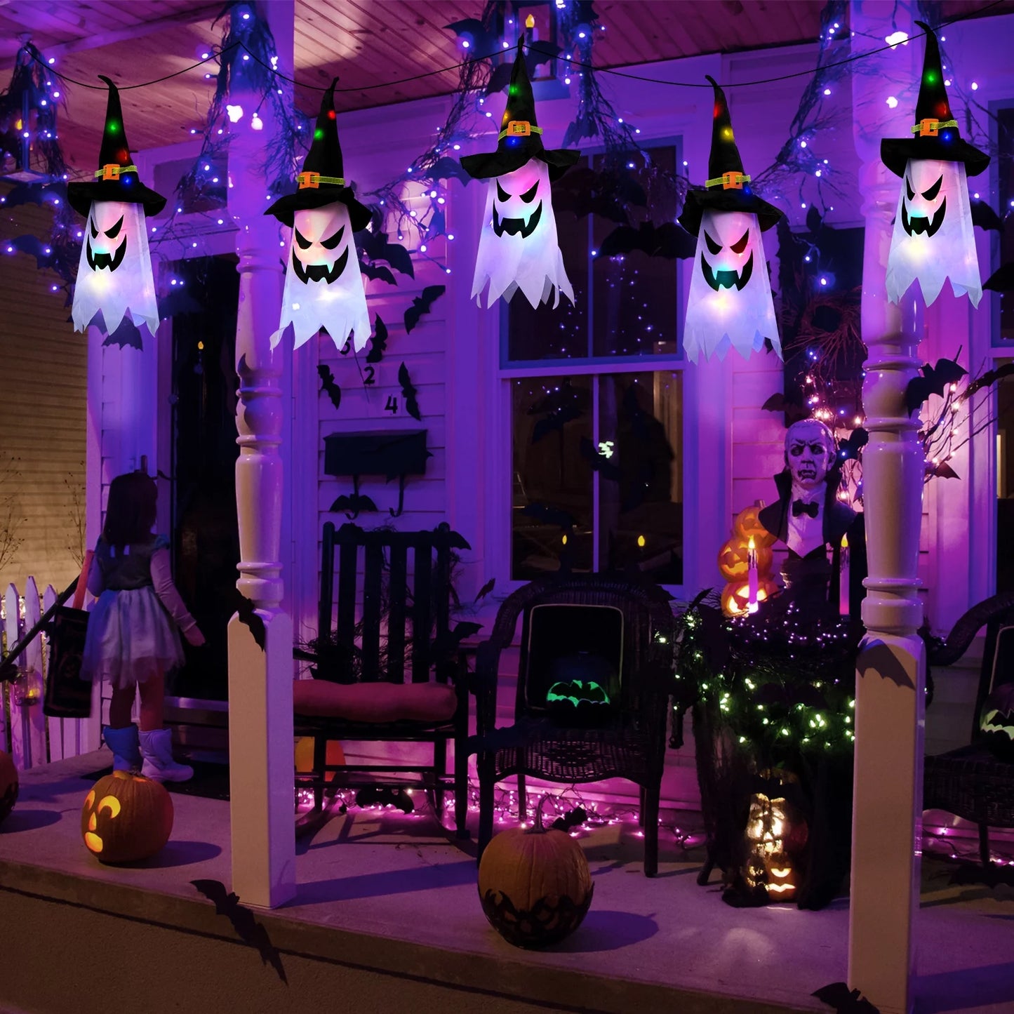 Halloween Outdoor Hanging String Lights – Glowing Ghost & Witch Hat Decorations for Home, Yard, Garden, and Trees (Set of 5)