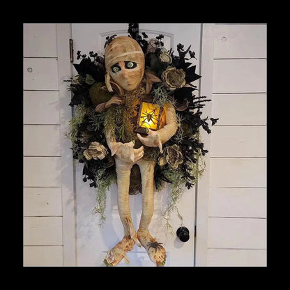 Halloween Mummy Wreath with Skull – Spooky Front Door Decoration for a Scary Halloween